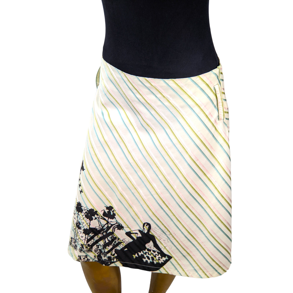 Womens Industry A-Line Skirt Multicolor Stripes Print Belt Loops Midi Y2K Small